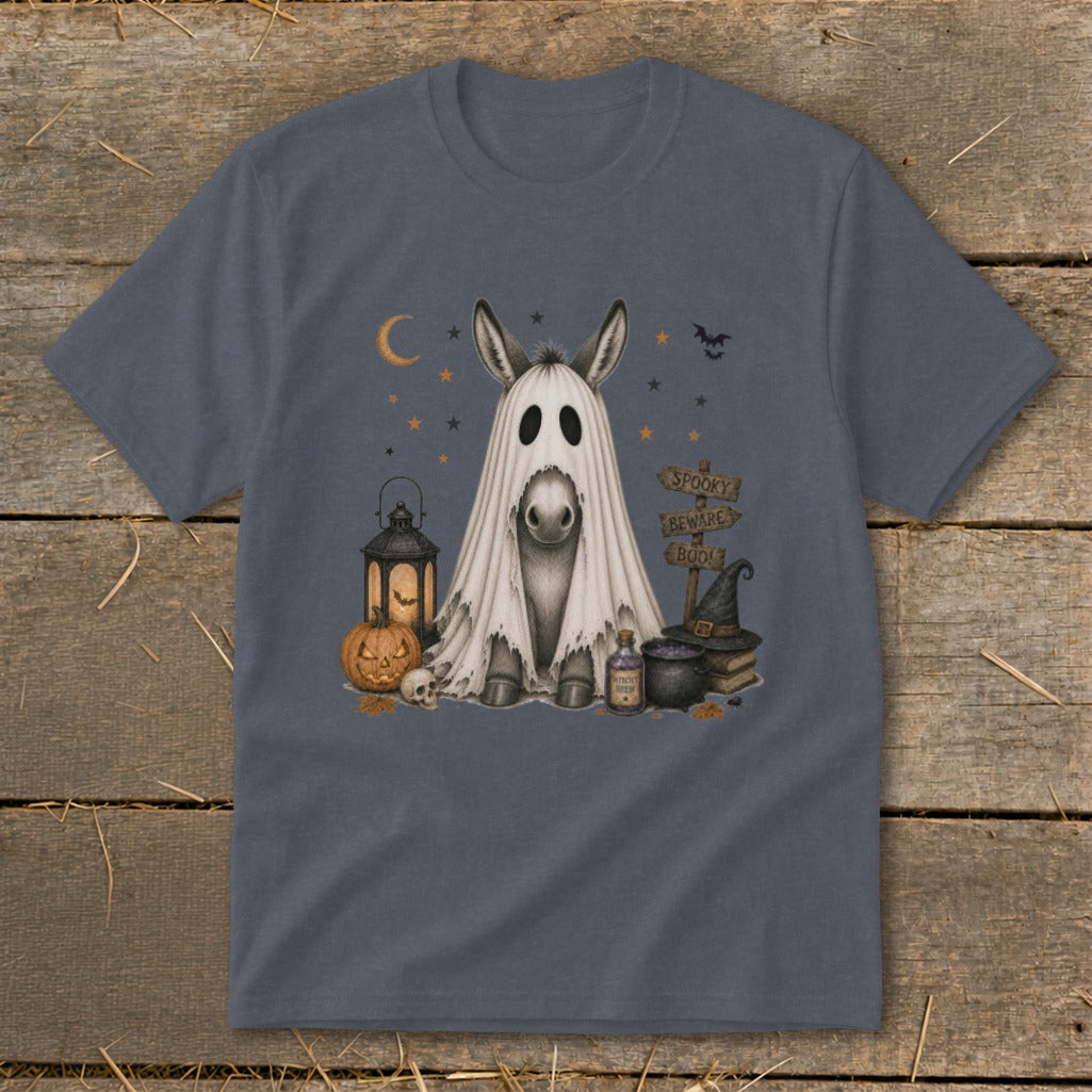 Donkey in ghost costume with Halloween decorations and "Spooky Beware Boo!" sign.