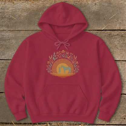 Maroon hoodie with sun, horse, girl, and floral circle graphic.