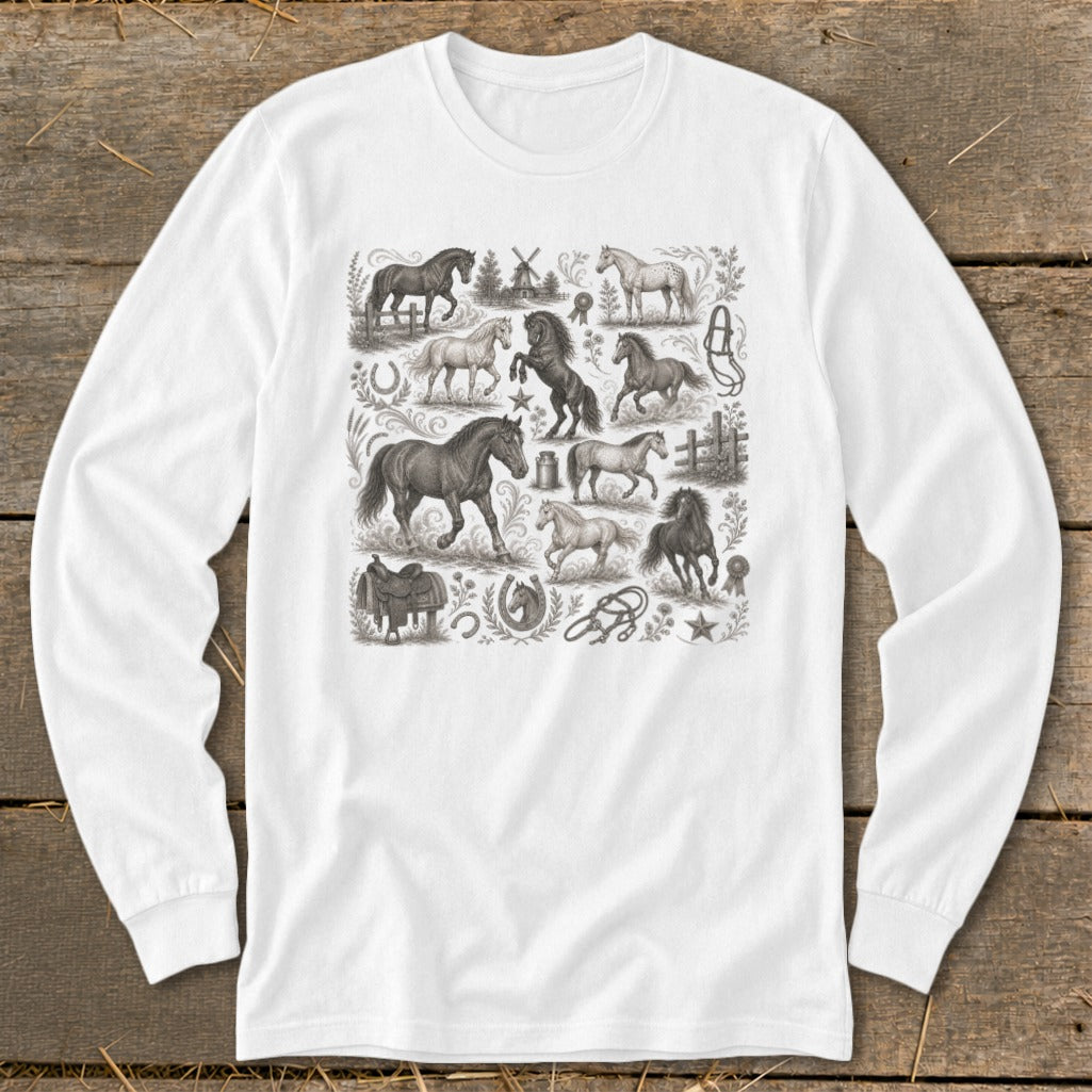 Collage of horses and equestrian items on a white long-sleeve shirt.
