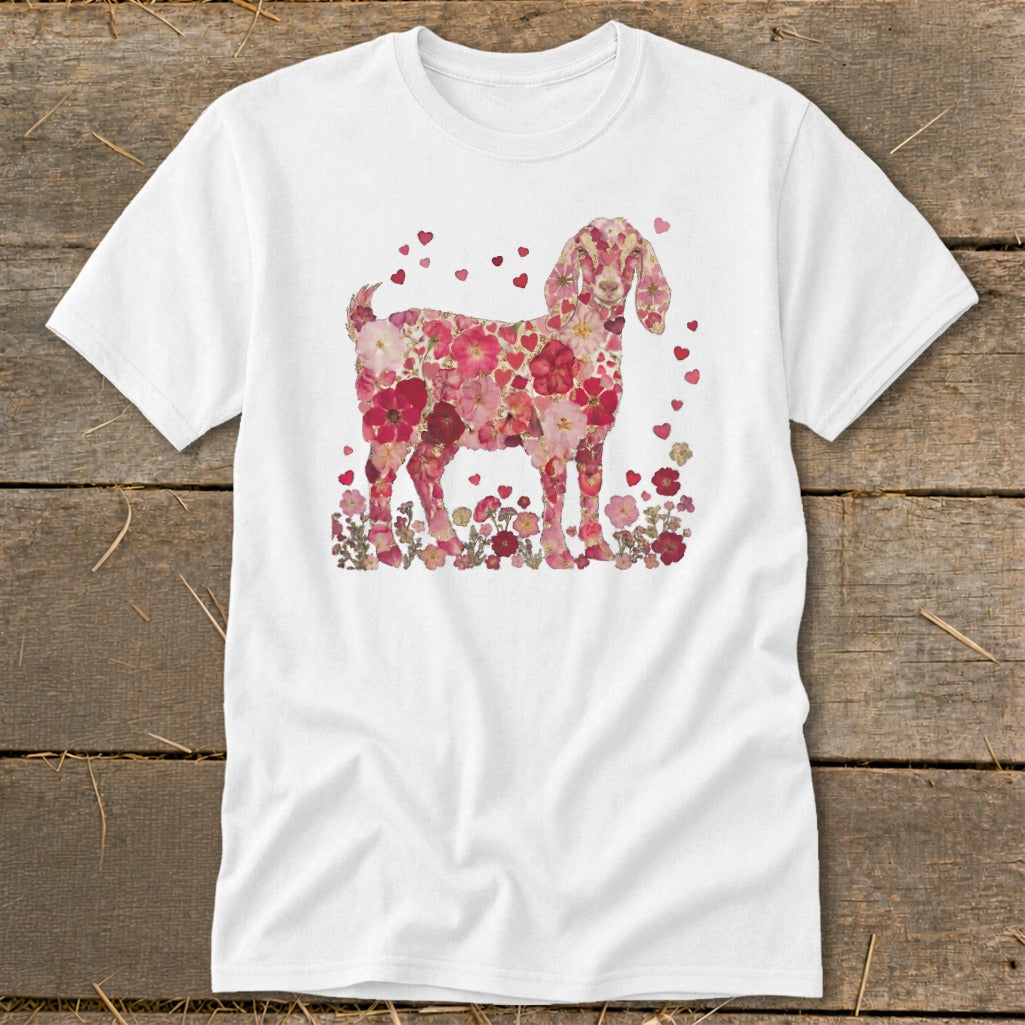 White t-shirt featuring a goat silhouette filled with pink and red flowers and hearts.