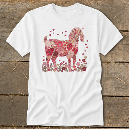 White t-shirt featuring a goat silhouette filled with pink and red flowers and hearts.