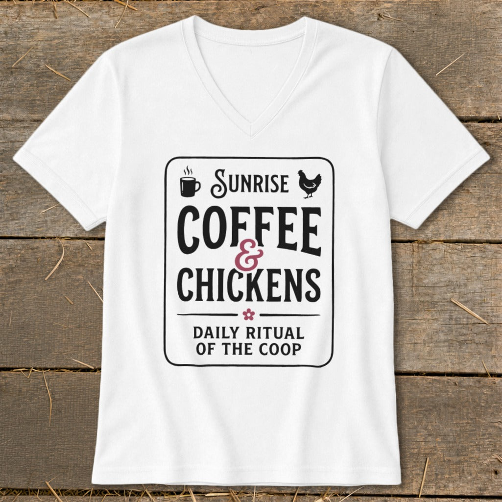 White t-shirt with "Sunrise Coffee & Chickens Daily Ritual of the Coop" text.