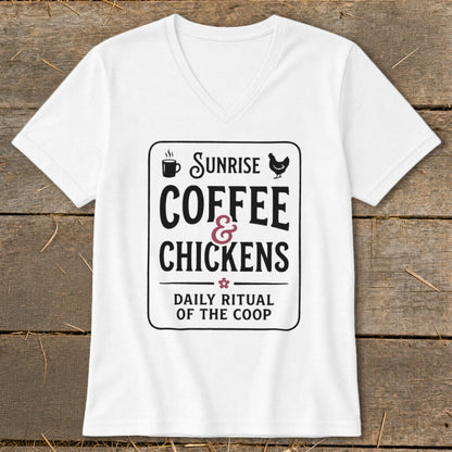 White t-shirt with "Sunrise Coffee & Chickens Daily Ritual of the Coop" text.