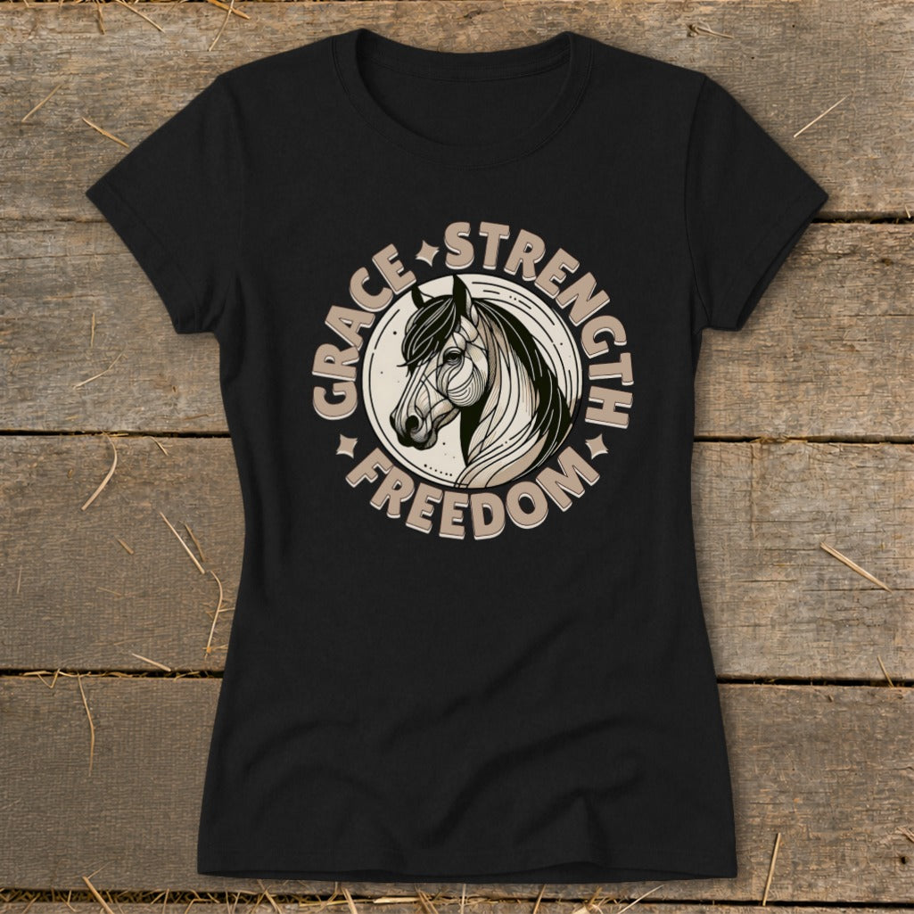 Black t-shirt with a horse head graphic and the words "Grace, Strength, Freedom".