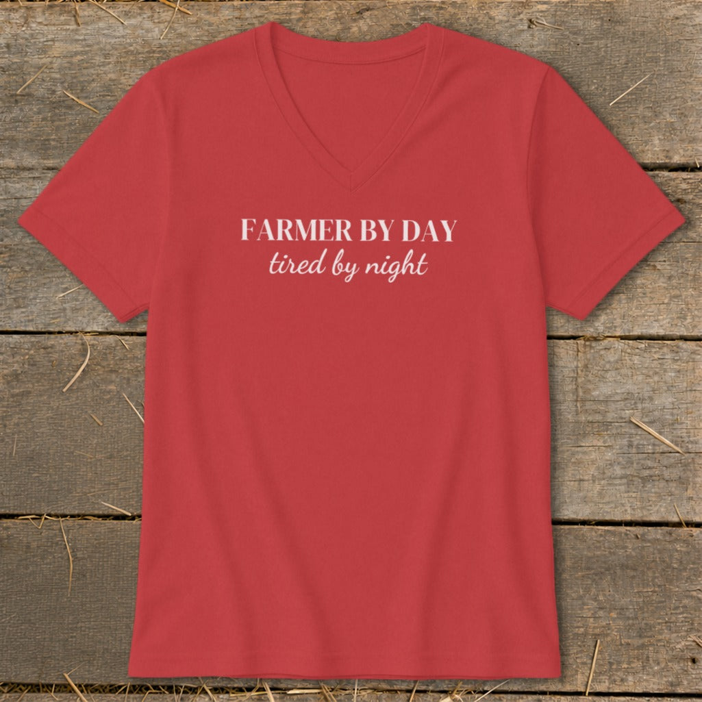 Red v-neck t-shirt with white text "FARMER BY DAY tired by night".