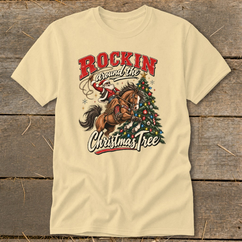 Santa riding a horse around a Christmas tree with text "Rockin around the Christmas Tree".