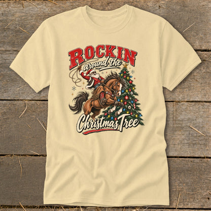 Santa riding a horse around a Christmas tree with text "Rockin around the Christmas Tree".