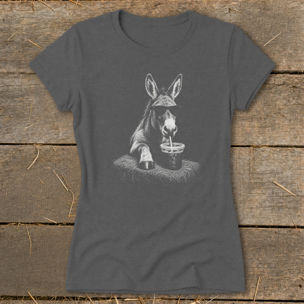 Donkey wearing sunglasses drinks from a cup on a t-shirt.