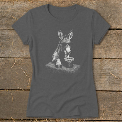 Donkey wearing sunglasses drinks from a cup on a t-shirt.