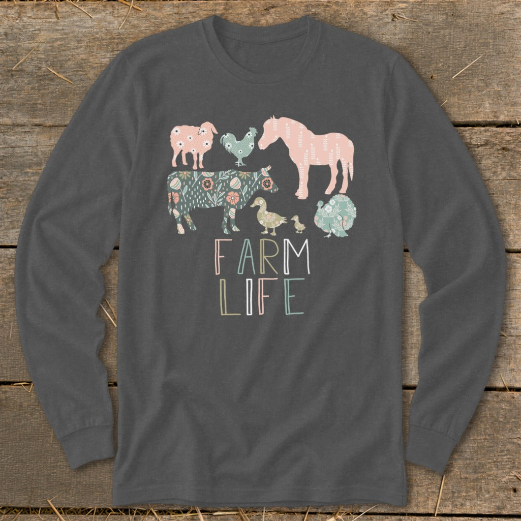 Long sleeve shirt with illustrated farm animals and text "FARM LIFE"