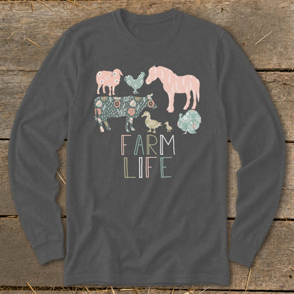 Long sleeve shirt with illustrated farm animals and text "FARM LIFE"