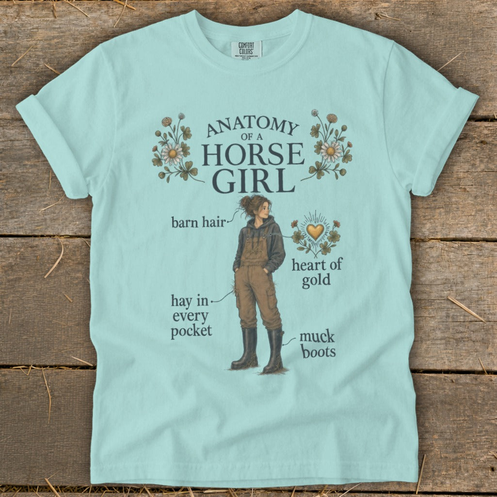 "Anatomy of a Horse Girl" graphic with illustrations of barn hair, hay, muck boots, and a heart.
