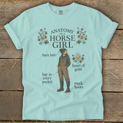 "Anatomy of a Horse Girl" graphic with illustrations of barn hair, hay, muck boots, and a heart.