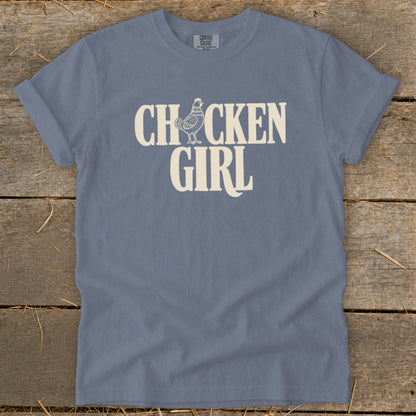 Blue t-shirt with "Chicken Girl" text and a chicken graphic.