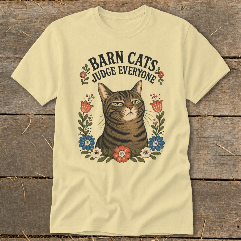 Cream t-shirt with tabby cat graphic and text "BARN CATS JUDGE EVERYONE".