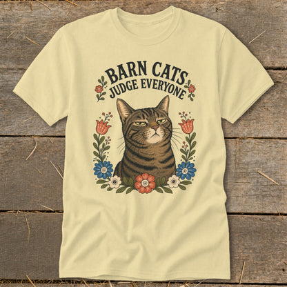 Cream t-shirt with tabby cat graphic and text "BARN CATS JUDGE EVERYONE".