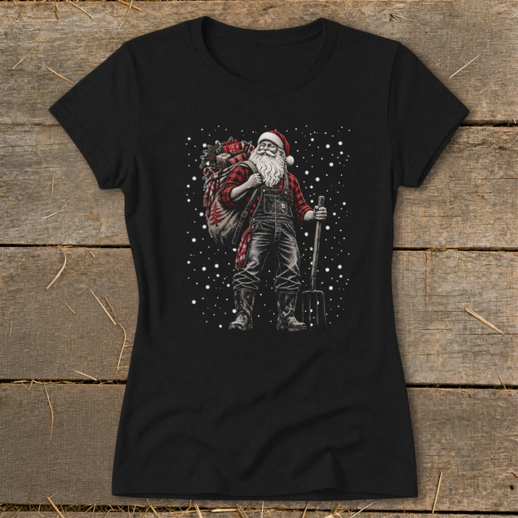 Santa Claus wearing overalls and a plaid shirt, carrying a sack of gifts and a pitchfork.