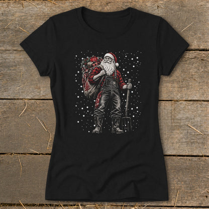 Santa Claus wearing overalls and a plaid shirt, carrying a sack of gifts and a pitchfork.