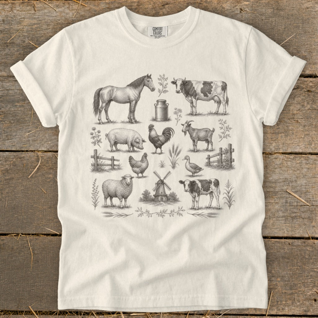 Sketch of farm animals including horse, cow, pig, goat, sheep, chicken, rooster, and duck.