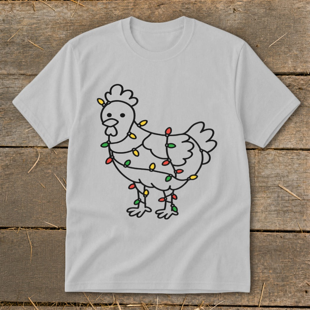 Light gray t-shirt with a black outline of a chicken wrapped in colorful Christmas lights.