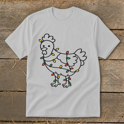 Light gray t-shirt with a black outline of a chicken wrapped in colorful Christmas lights.