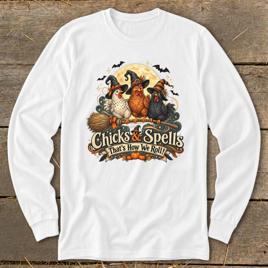 Chicks & Spells, That's How We Roll! Three witch-hatted chickens on a broom.