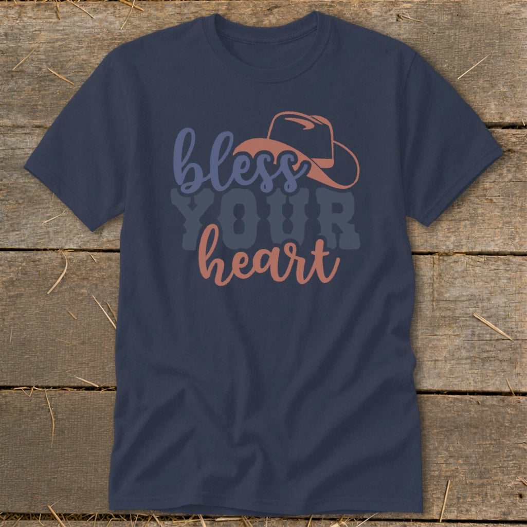Navy t-shirt with "bless YOUR heart" text and a cowboy hat graphic.