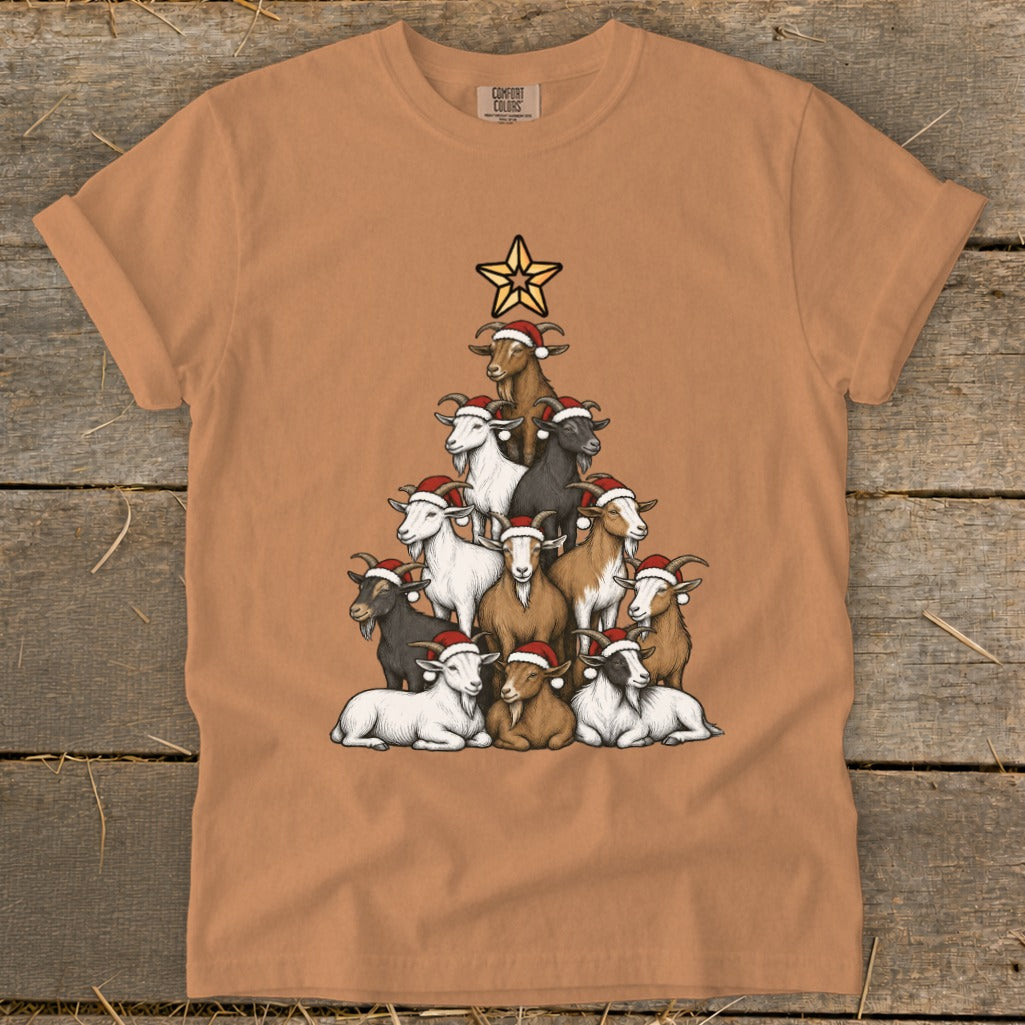 T-shirt with a festive Christmas tree made of goats wearing Santa hats.