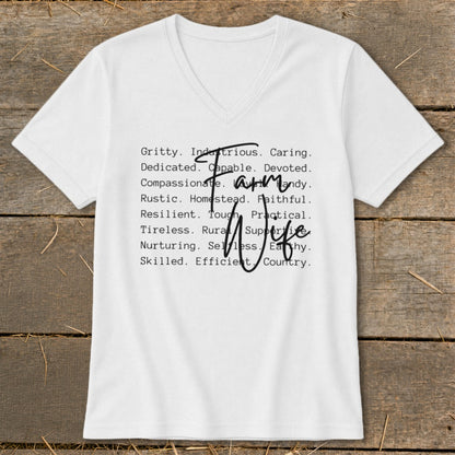 White v-neck t-shirt with "Farm Wife" in script, surrounded by descriptive words.