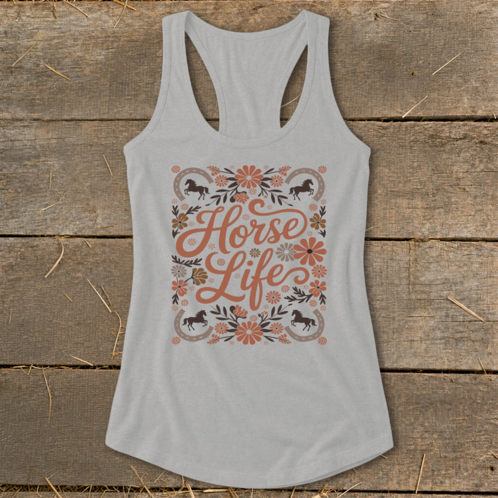 Light grey racerback tank top with "Horse Life" text and floral horse graphic.