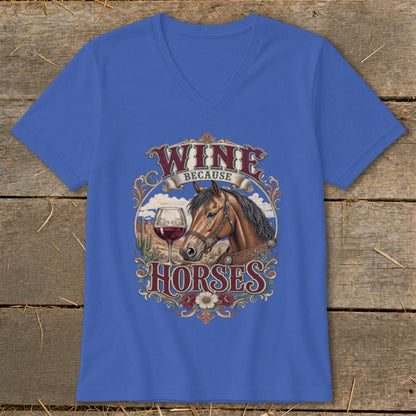 T-shirt graphic with horse, wine glass, desert landscape, and text "WINE BECAUSE HORSES".