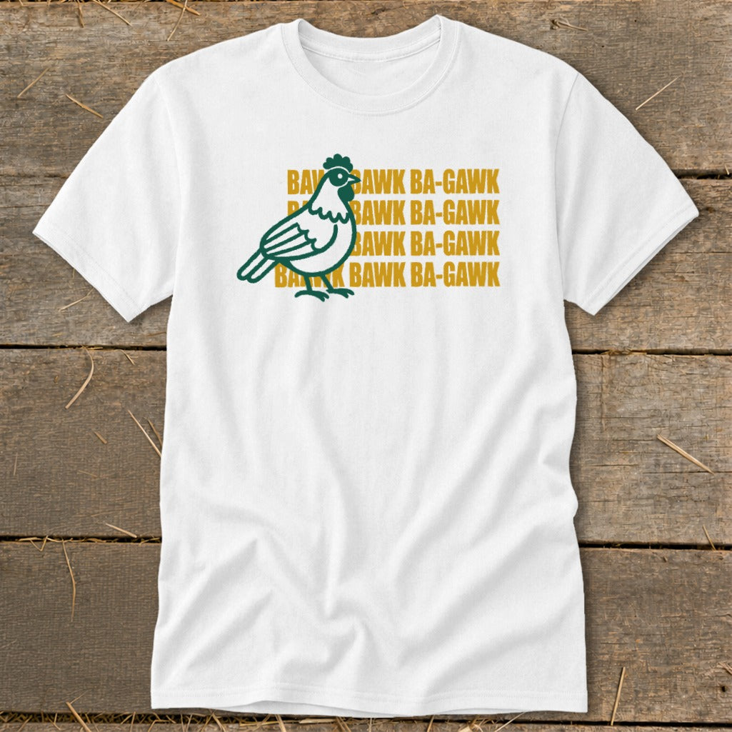 White t-shirt with green chicken graphic and repeated "Bawk Ba-Gawk" text.
