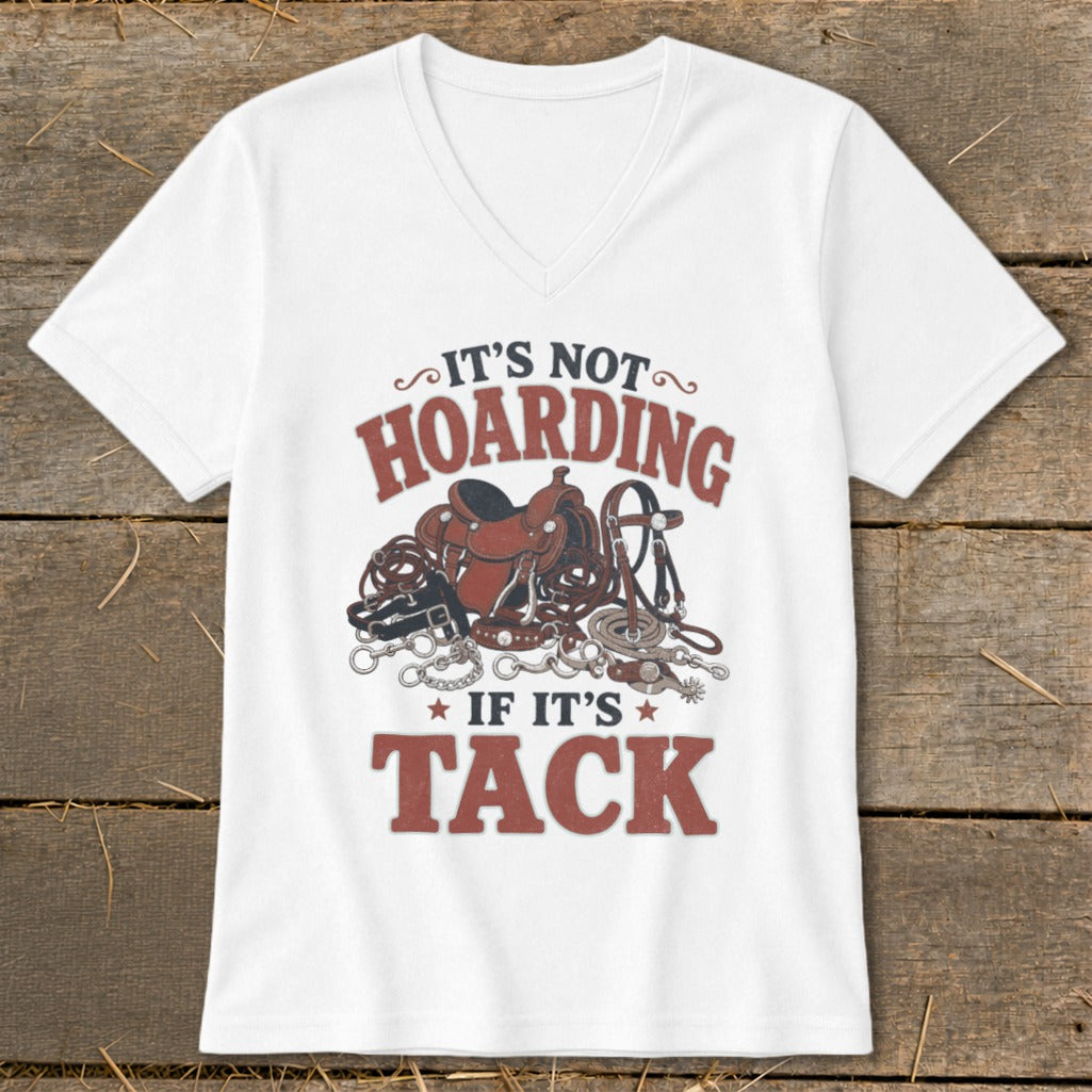 White v-neck t-shirt with "It's Not Hoarding If It's Tack" and equestrian tack graphics.