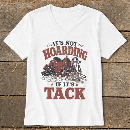 White v-neck t-shirt with "It's Not Hoarding If It's Tack" and equestrian tack graphics.