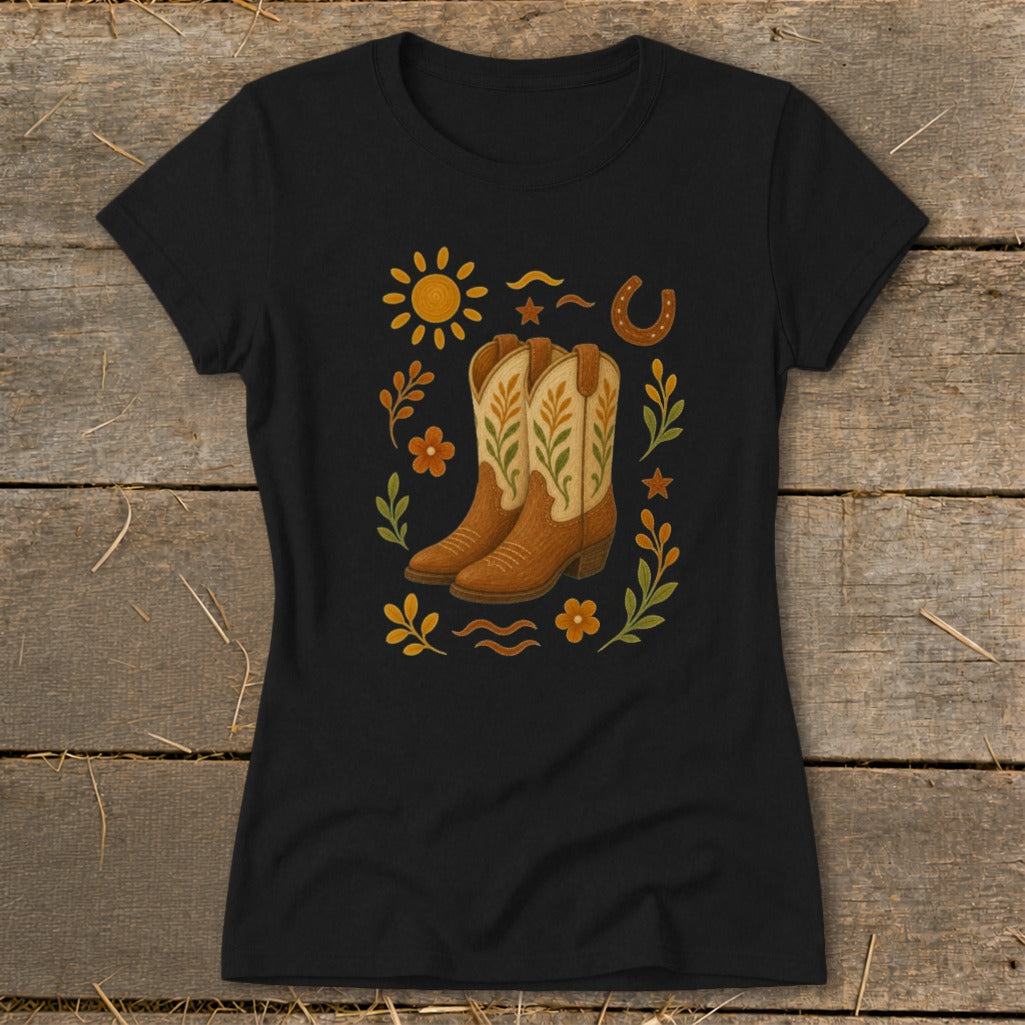 Black t-shirt with a central graphic of cowboy boots surrounded by sun, horseshoe, and floral elements.