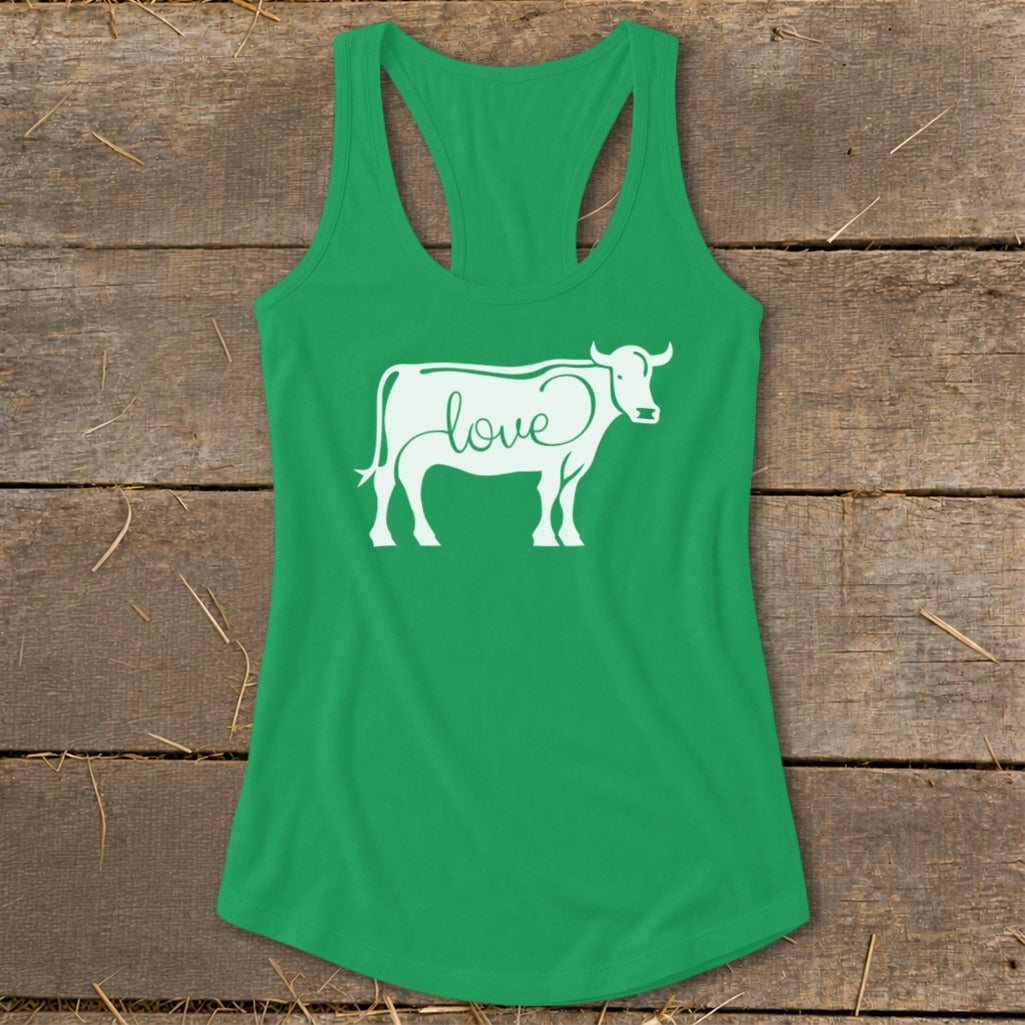 Green racerback tank top with white cow graphic and "love" text.