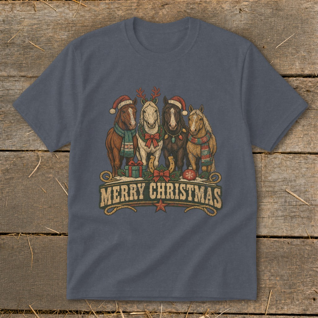 Four horses in festive Christmas attire stand in front of "Merry Christmas" text.
