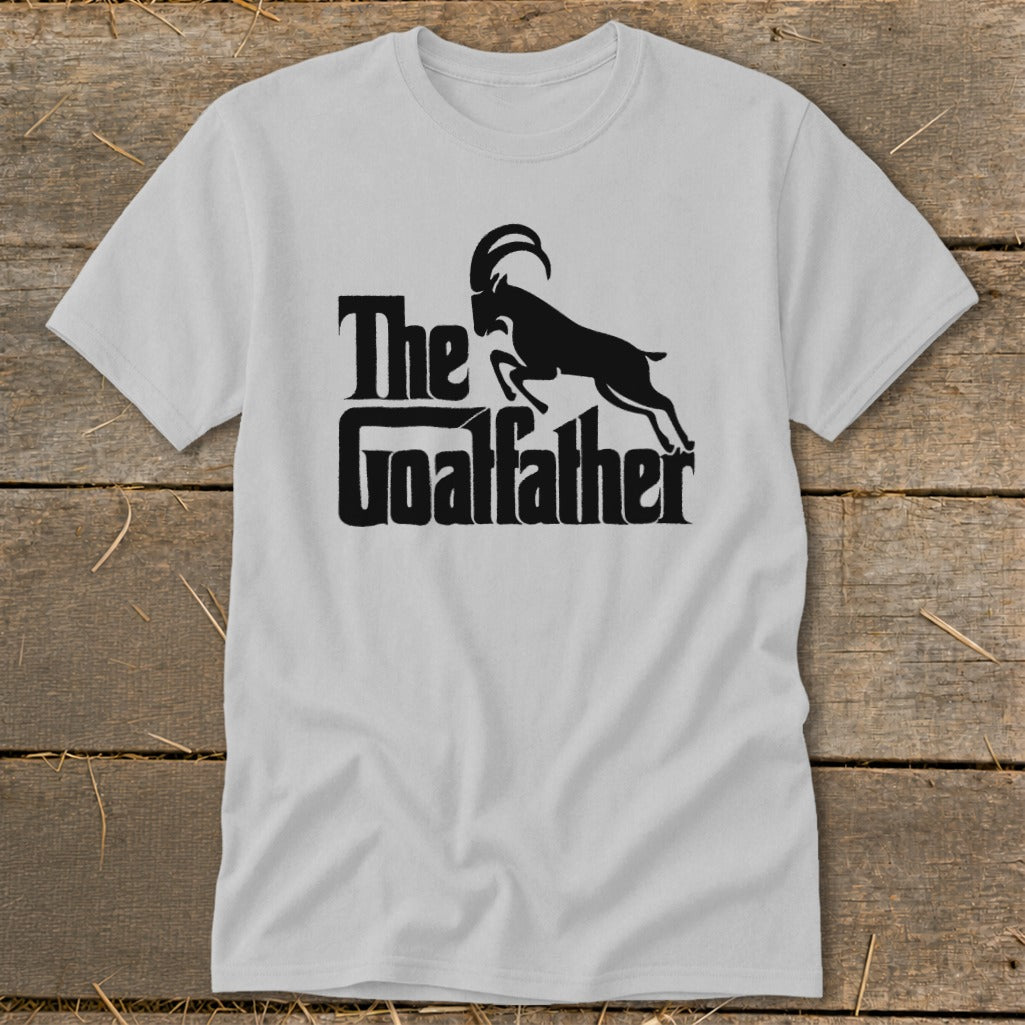 Grey t-shirt with black graphic of a goat and text "The Goatfather".
