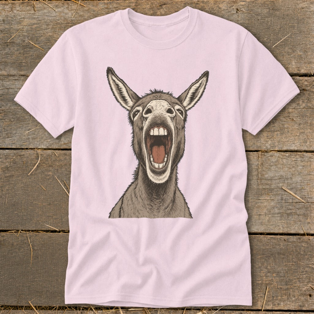 Pink t-shirt with a drawing of a donkey with its mouth wide open.
