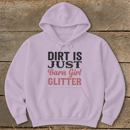 Lavender hoodie with "DIRT IS JUST Barn Girl GLITTER" text graphic.