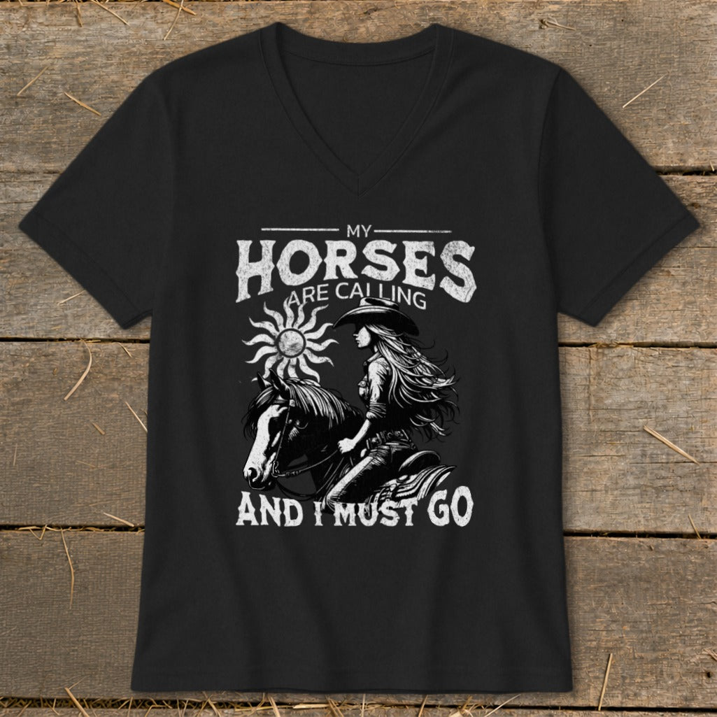 Black t-shirt with "My Horses Are Calling And I Must Go" text and horse rider graphic.