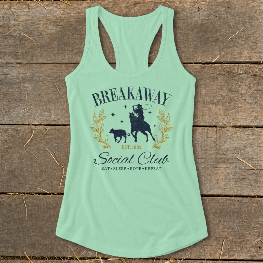 Light green tank top with "Breakaway Social Club" text and cowboy on horse graphic.