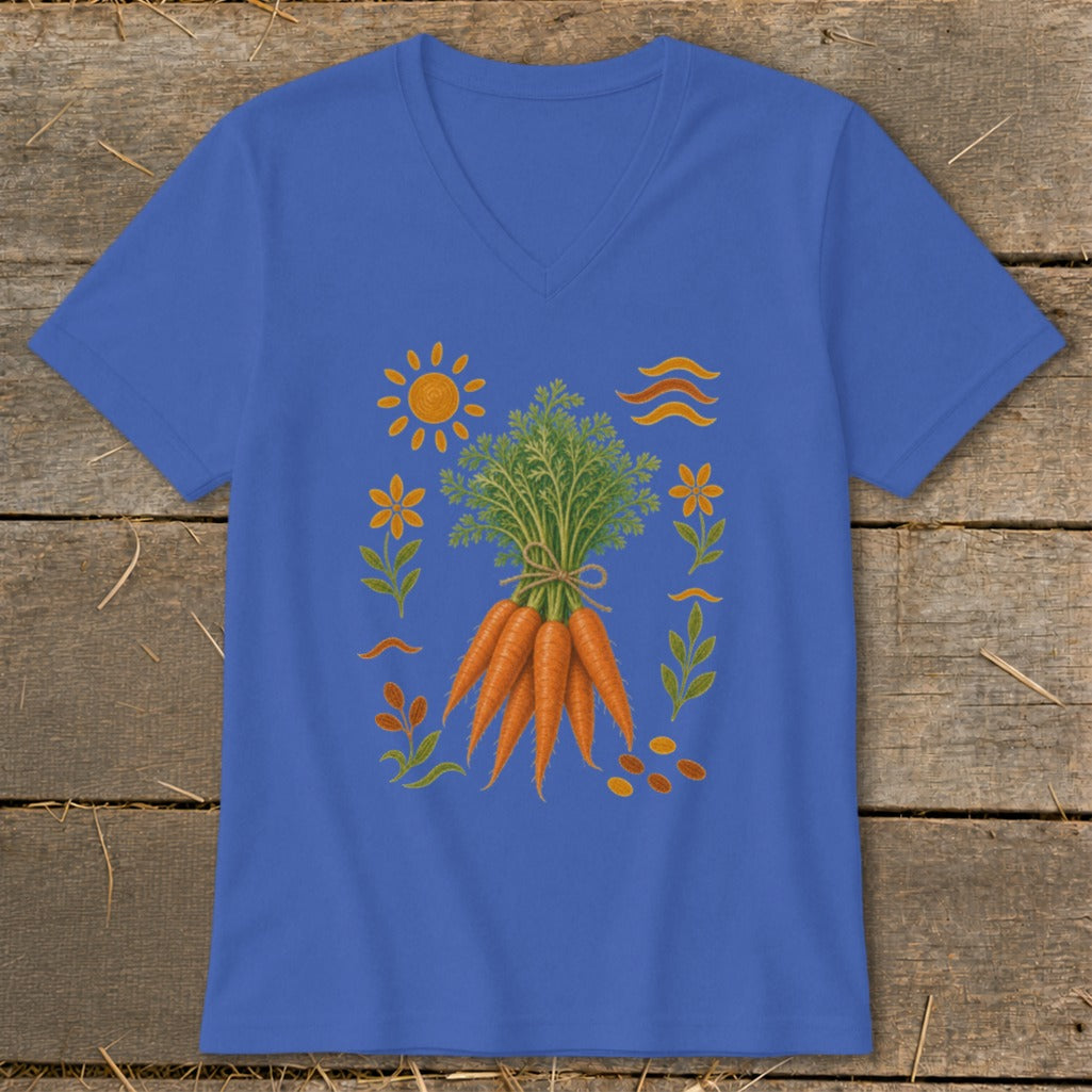 Blue v-neck t-shirt with a bunch of carrots and whimsical farm-themed artwork.