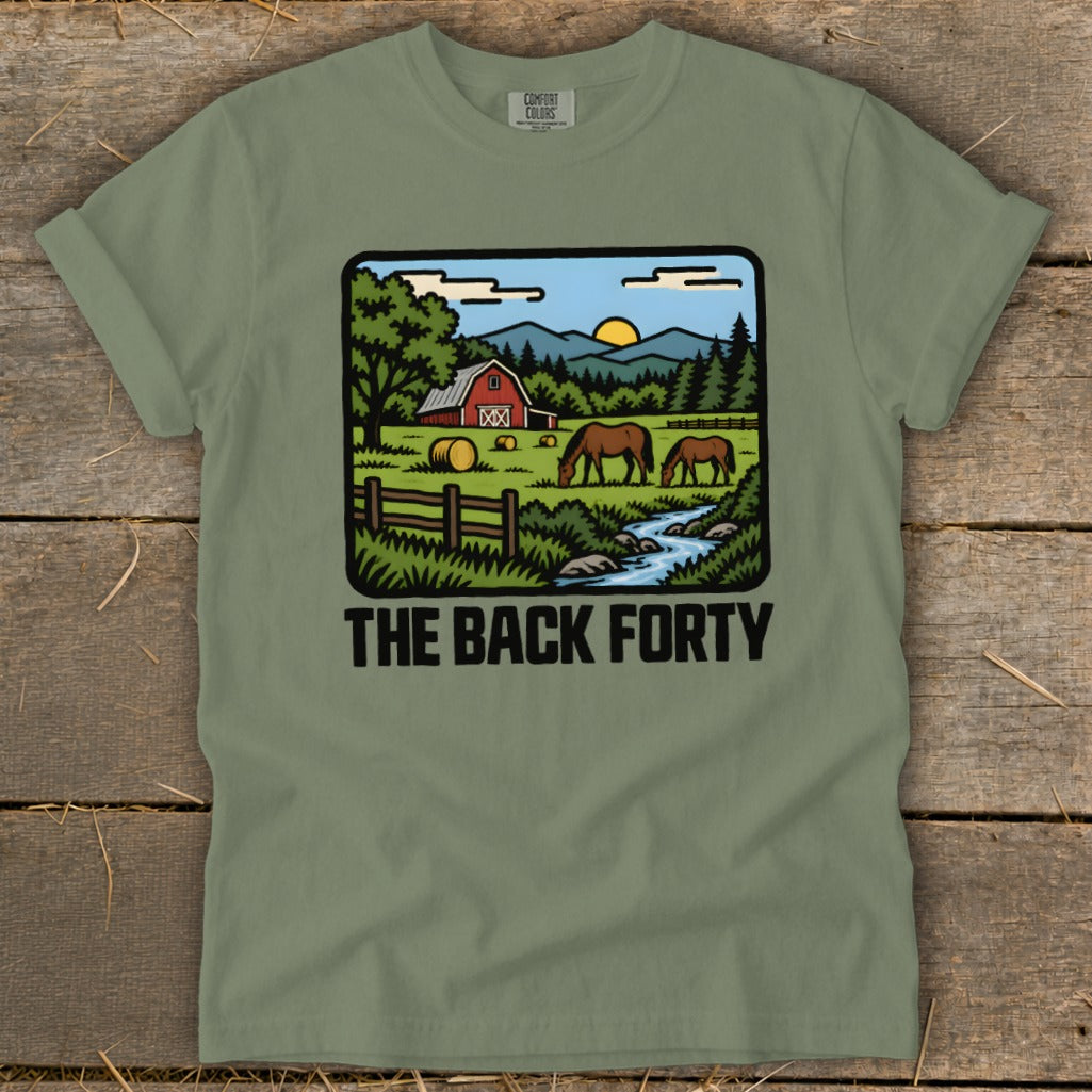 Olive green t-shirt featuring a pastoral landscape graphic with horses and the text THE BACK FORTY.