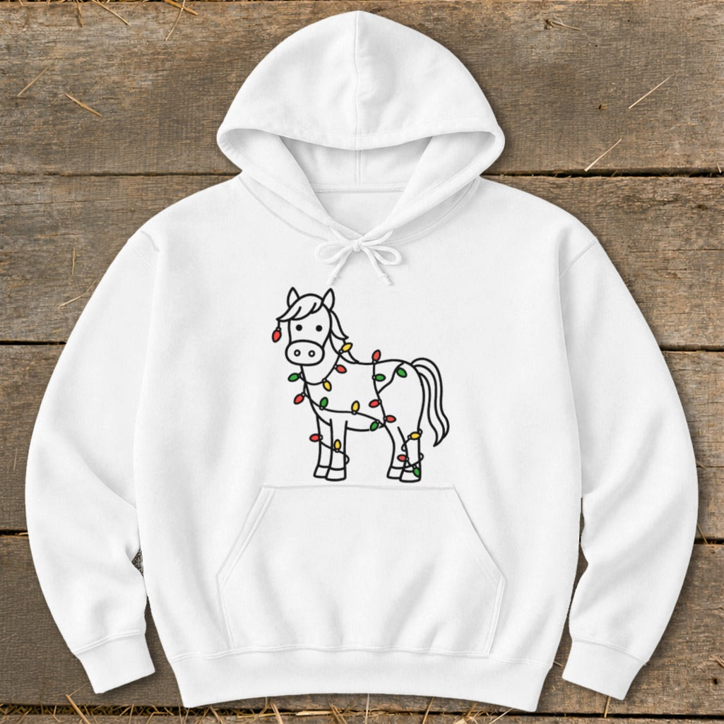 White hoodie with a cartoon horse wrapped in colorful Christmas lights.