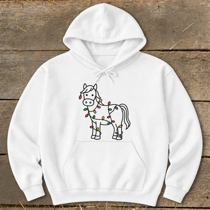 White hoodie with a cartoon horse wrapped in colorful Christmas lights.