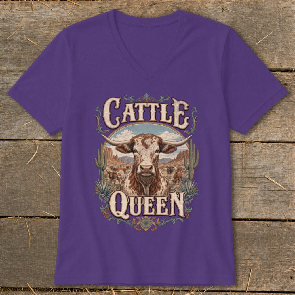 Purple v-neck t-shirt with "Cattle Queen" text and a longhorn cow illustration.