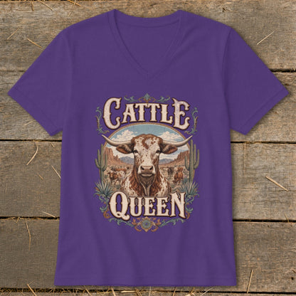 Purple v-neck t-shirt with "Cattle Queen" text and a longhorn cow illustration.