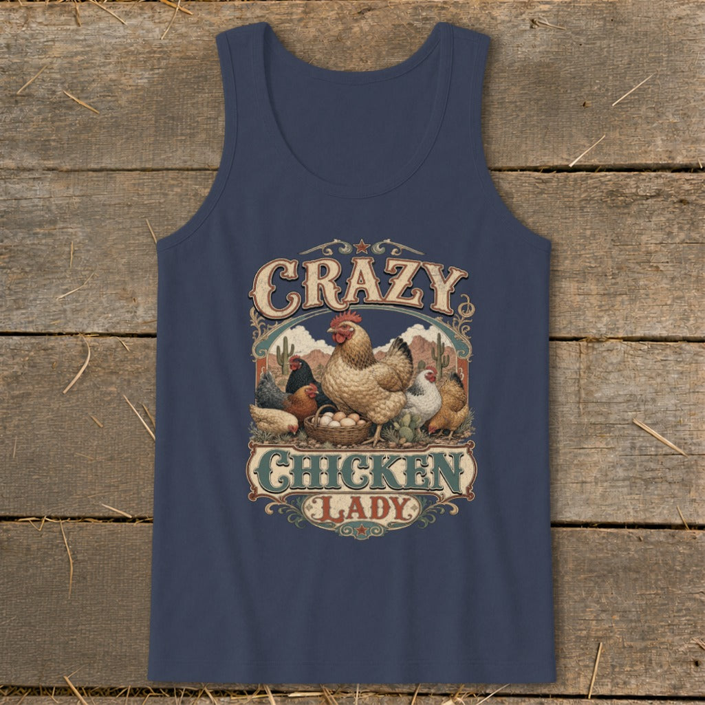 Navy tank top with a "Crazy Chicken Lady" graphic featuring chickens and eggs.