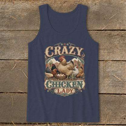 Navy tank top with a "Crazy Chicken Lady" graphic featuring chickens and eggs.